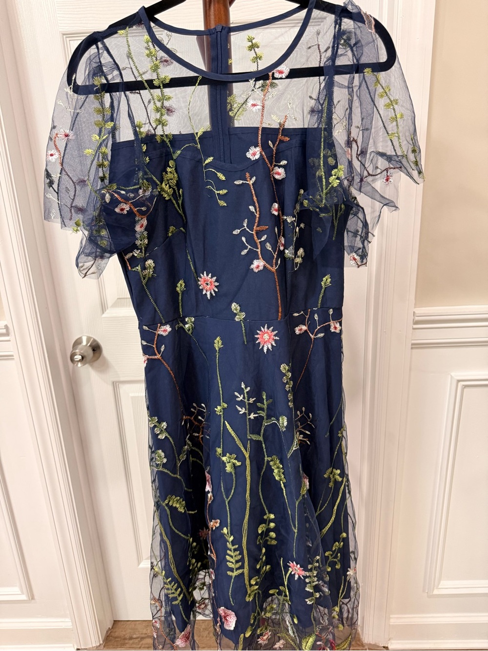 New York & Company Navy Whimsical Floral Embroidered Mesh Summer Dressy Dress